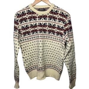 North Country by Jantzen Sweater VTG Pure New Wool Cream Blue Nordic Pullover L